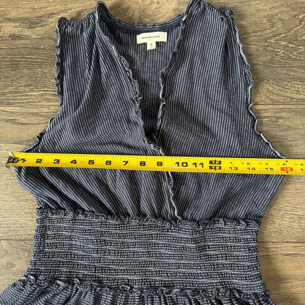 Max Studio Sz M Navy Pinstripe Tiered Dress Smocked Waist Boho Romantic Ruffle - Picture 7 of 10
